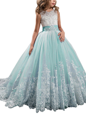 Vestidos de niña de las flores estilo princesa, sin mangas, con cuello joya y lazo.