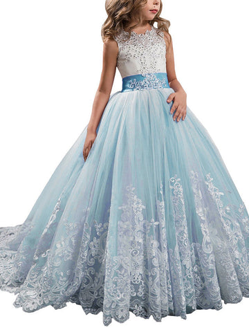 Vestidos de niña de las flores estilo princesa, sin mangas, con cuello joya y lazo.