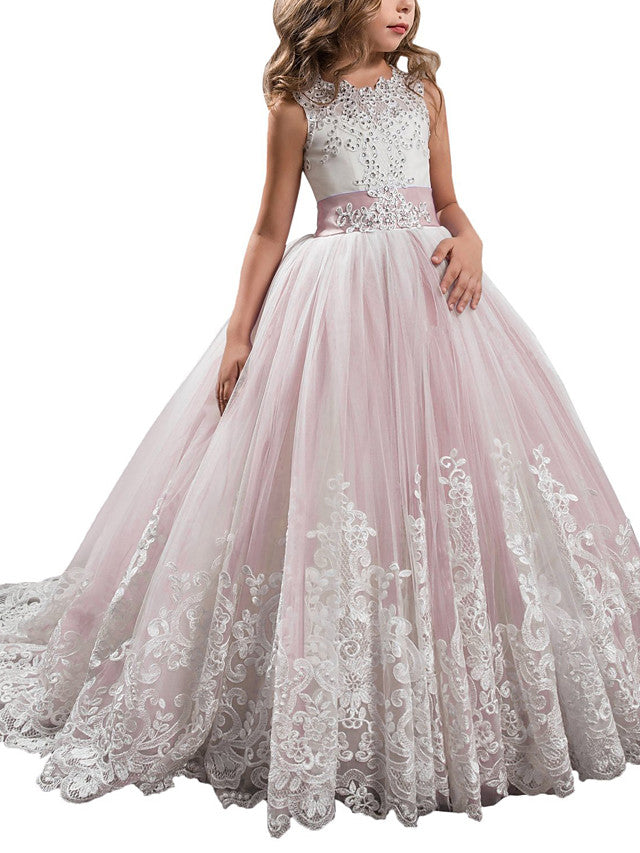 Vestidos de niña de las flores estilo princesa, sin mangas, con cuello joya y lazo.