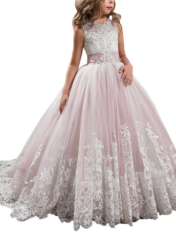 Vestidos de niña de las flores estilo princesa, sin mangas, con cuello joya y lazo.