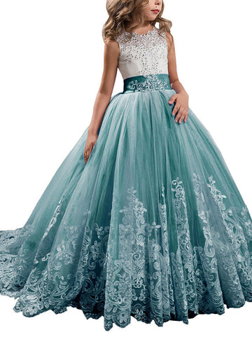 Vestidos de niña de las flores estilo princesa, sin mangas, con cuello joya y lazo.