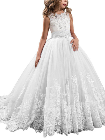 Vestidos de niña de las flores estilo princesa, sin mangas, con cuello joya y lazo.