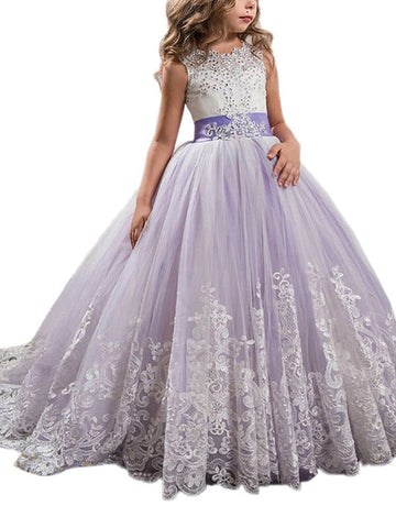 Vestidos de niña de las flores estilo princesa, sin mangas, con cuello joya y lazo.