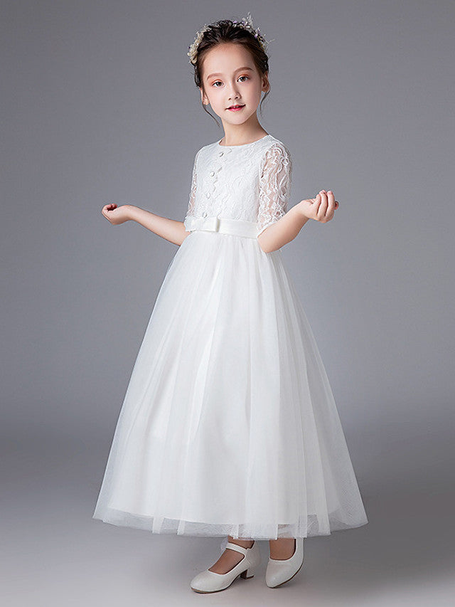 Vestidos de princesa de tul y encaje, manga corta, cuello joya, para bodas, primera comunión y niñas de las flores.