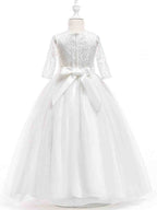 Robes de princesse en tulle et dentelle, manches courtes, col rond, pour mariage, première communion et demoiselle d'honneur