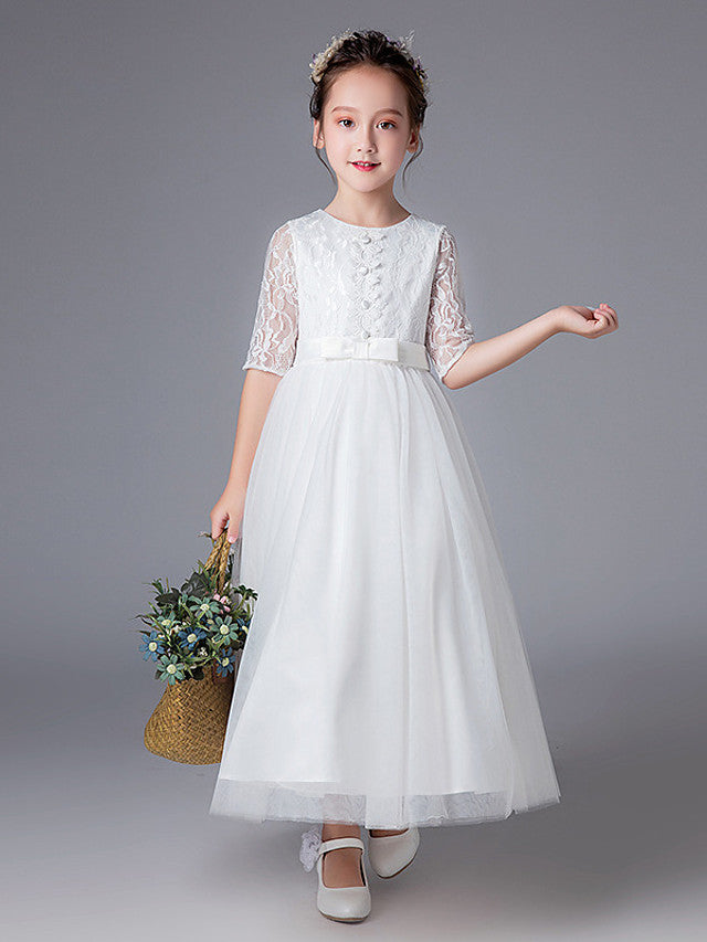 Robes de princesse en tulle et dentelle, manches courtes, col rond, pour mariage, première communion et demoiselle d'honneur