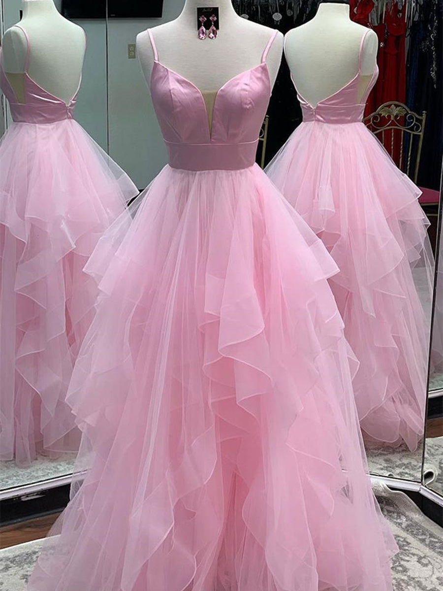 Princess V Neck Backless Long Fluffy Tulle Prom Dresses Backless Formal Evening Gowns