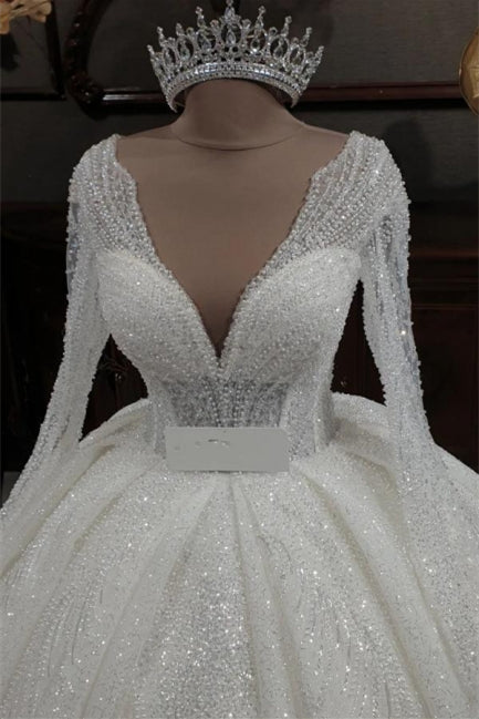 Vestidos de novia princesa con escote en V, corte en A, brillantes y con mangas