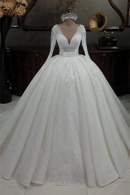 Vestidos de novia princesa con escote en V, corte en A, brillantes y con mangas