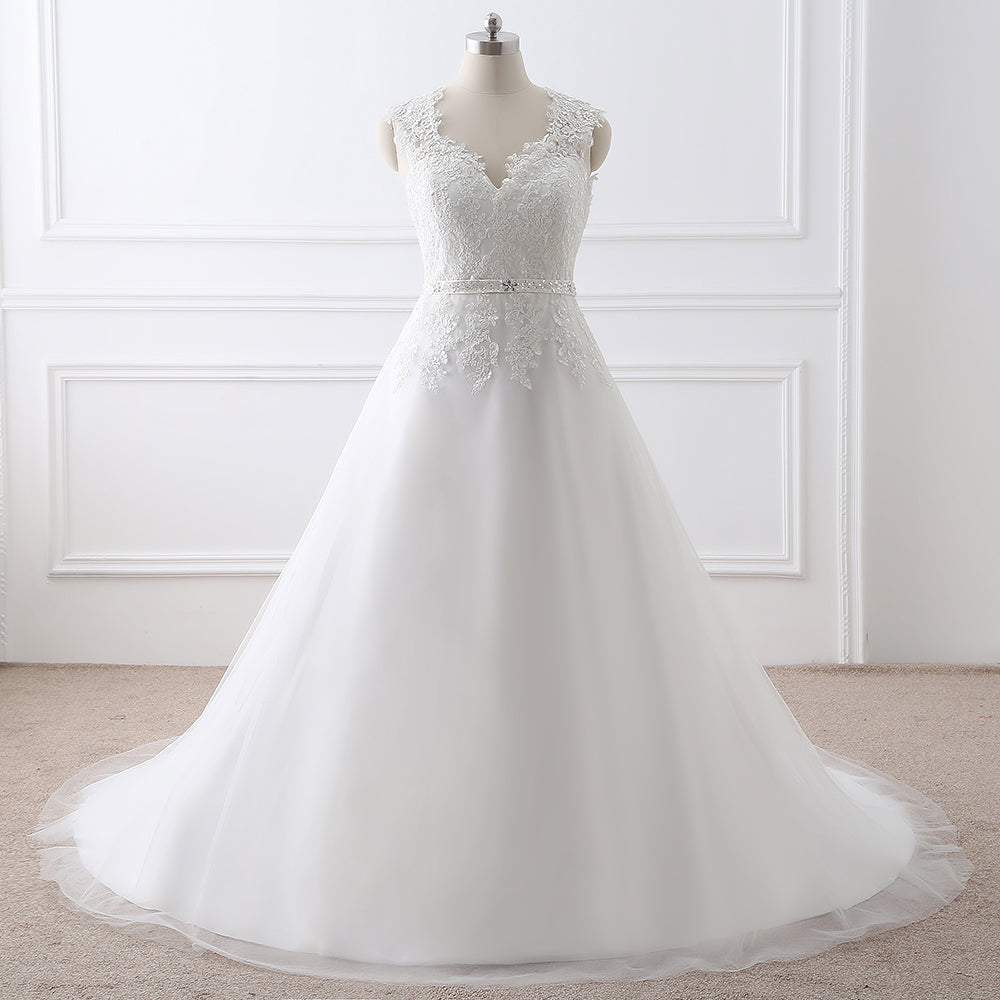 Vestido de novia de tul con escote en V estilo princesa, recién llegado, con encaje