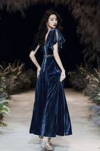 Blue evening dress custom made elegant dress sexy prom dress velvet dress custom made Y1172