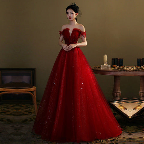 Robe de bal longue en tulle rouge à sequins, robe de soirée rouge Y1179