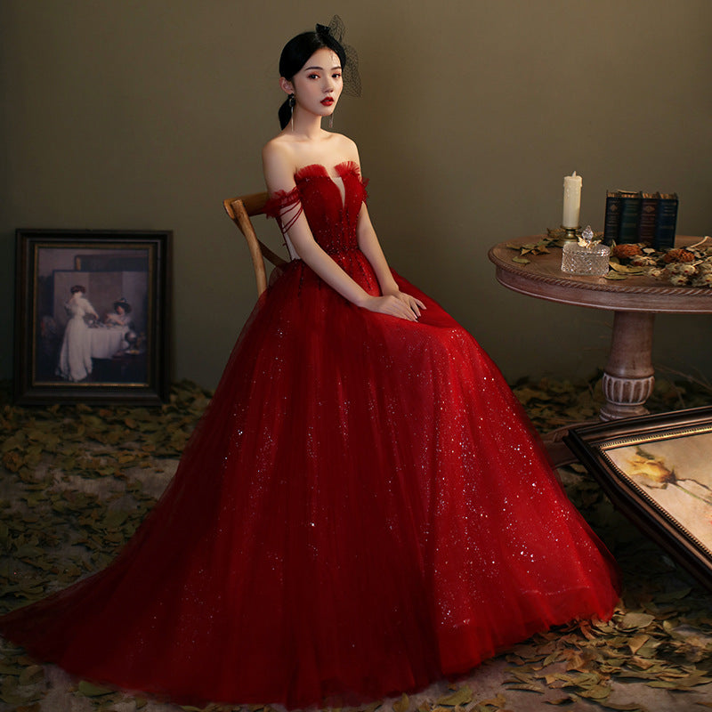 Vestido largo de fiesta rojo de tul con lentejuelas, vestido de noche rojo Y1179