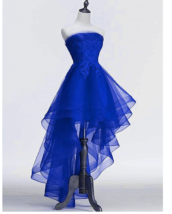 Vestido de fiesta asimétrico de tul azul real con apliques de encaje. Vestido azul para baile de bienvenida Y671