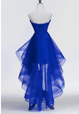 Vestido de fiesta asimétrico de tul azul real con apliques de encaje. Vestido azul para baile de bienvenida Y671