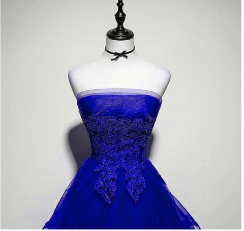 Vestido de fiesta asimétrico de tul azul real con apliques de encaje. Vestido azul para baile de bienvenida Y671