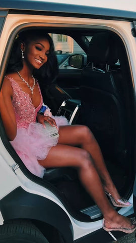 Cute V Neck Pink Short Homecoming Dress and Bottom Tulle Ruffles Pink Birthday Outfit Dress F1069