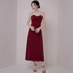 Robe de soirée rouge bordeaux à fines bretelles, fente haute, dos nu, confection sur mesure Y1140