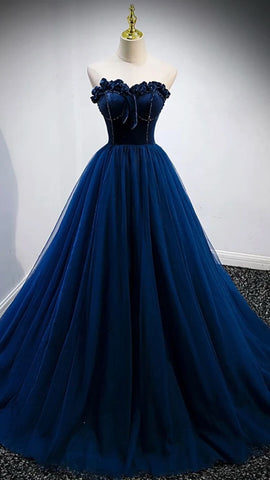 Robe de bal bleue bustier coupe trapèze, robe de soirée élégante Y839