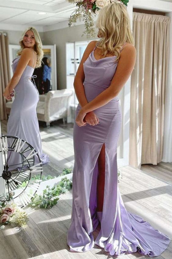 Nouvelle robe de soirée à fines bretelles lavande avec fente, robe de bal en satin Y912