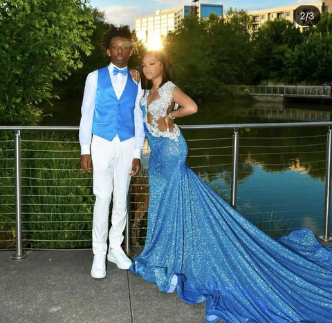 Blue Sequins Long Evening Dress With Train Sexy Prom Gown For Black Girls Y846