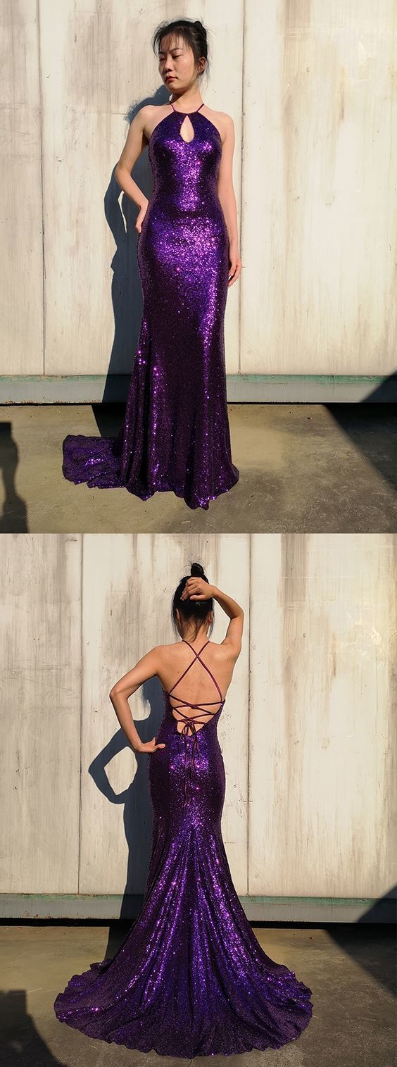 Robe de bal longue à paillettes violettes scintillantes, style sirène, ornée de bijoux et d'une encolure en trou de serrure (Y1038)