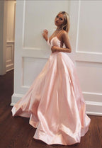 Robe de bal longue rose élégante sans manches en satin, col V discret, robe de soirée rose Y1075