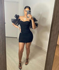 Vestido corto de fiesta negro con mangas abullonadas y volantes para mujer, estilo sexy, con hombros descubiertos y diseño de malla, modelo Y786