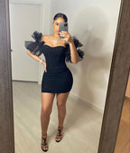 Vestido corto de fiesta negro con mangas abullonadas y volantes para mujer, estilo sexy, con hombros descubiertos y diseño de malla, modelo Y786
