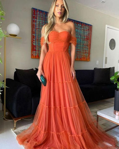 Robe de soirée longue élégante en tulle orange à épaules dénudées Y1059