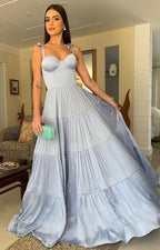 Elegante vestido largo de fiesta azul de corte A, encantador vestido de noche Y1081
