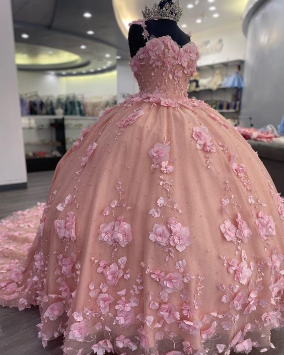 Vestido de princesa de baile con apliques 3D rosa de lujo, ideal para quinceañeras (modelo Y824)