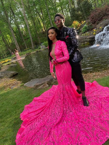 Robe de soirée sirène à manches longues et sequins rose fuchsia, robe de luxe pour femme Y980