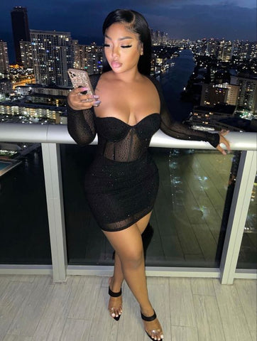 Vestido ajustado negro de manga larga, vestido de cóctel sexy, minivestido para fiesta de bienvenida Y837