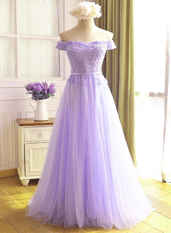 Vestido de fiesta largo de corte A, tul lila claro, hombros descubiertos, vestido de noche con apliques de encaje Y918