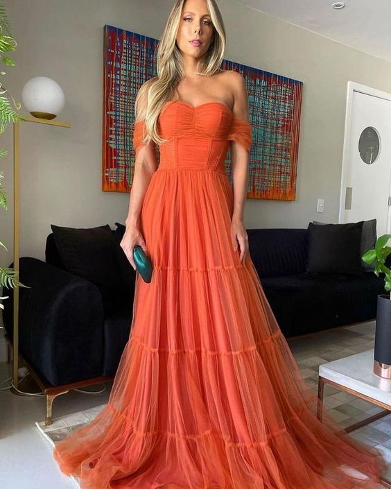 Elegantes vestidos largos de noche de tul naranja con hombros descubiertos Y1059