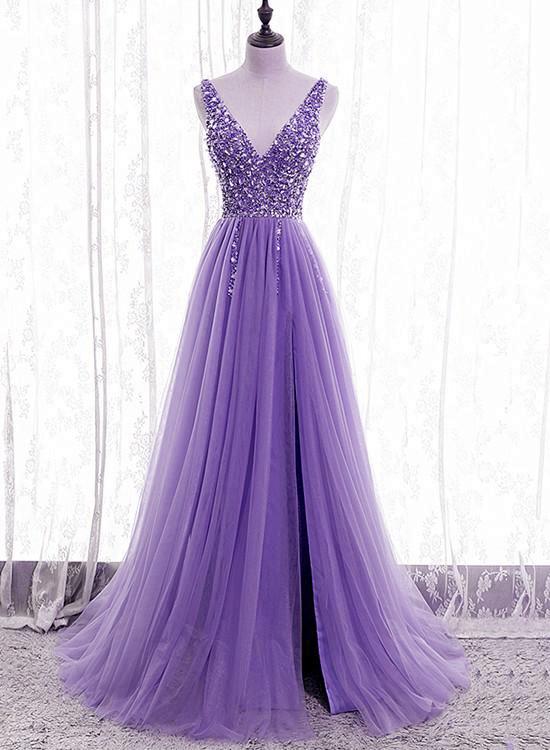 Robe de soirée violette à col en V ornée de perles et de paillettes en tulle, robe de bal violette en tulle Y1008
