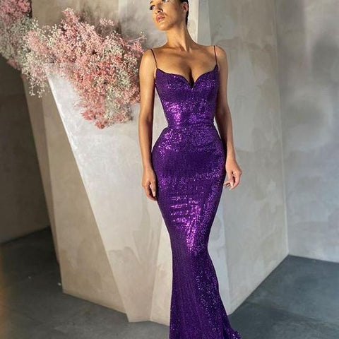 Robe de soirée longue violette à fines bretelles et sequins Y994