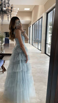Elegante vestido largo de fiesta azul sin mangas de tul, corte en A, escote en V, vestido de noche rosa Y1076