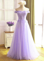 Vestido de fiesta largo de corte A, tul lila claro, hombros descubiertos, vestido de noche con apliques de encaje Y918