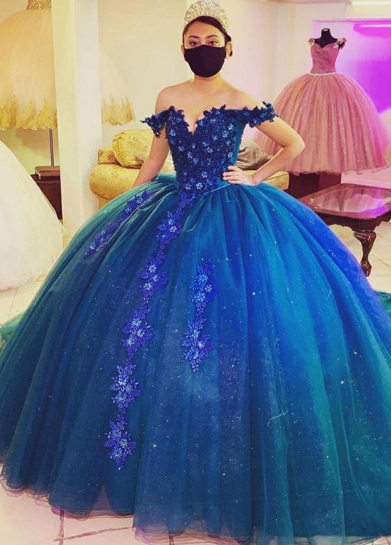 Elegante vestido de gala azul con hombros descubiertos, vestido de princesa Y1085