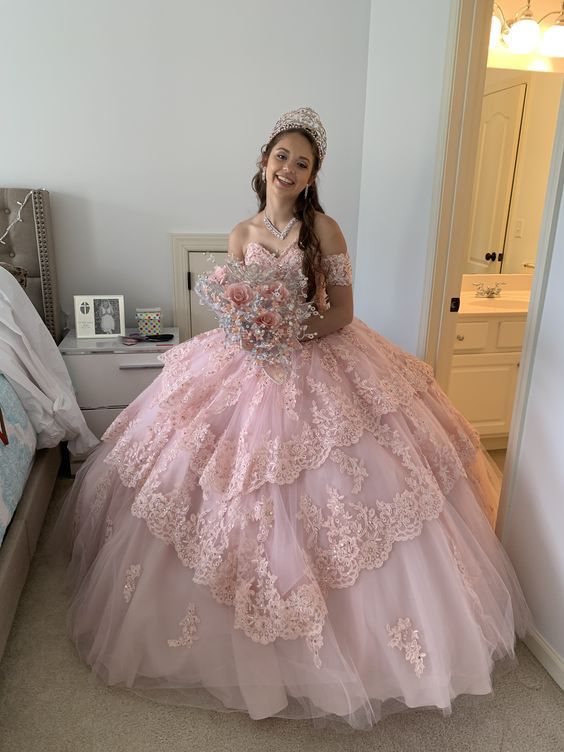 Vestido de baile de encaje y tul rosa para quinceañera Y823