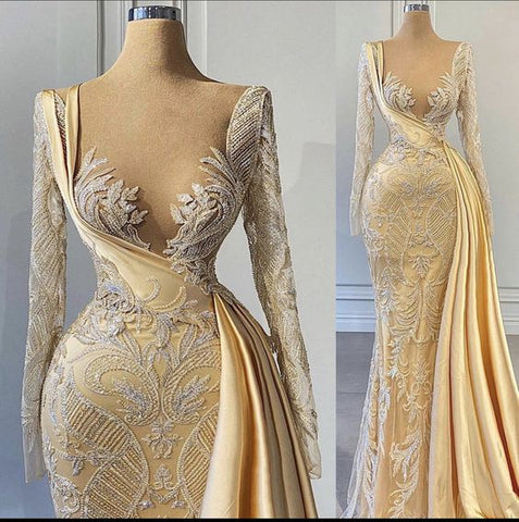 Elegant Hot Yellow Applique Long Sleeves Wedding Dresses Women Formal Pageant Dress Y899