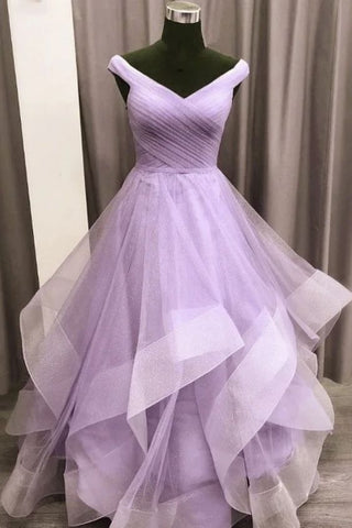 Robe de bal longue en tulle violet, coupe trapèze, référence Y911