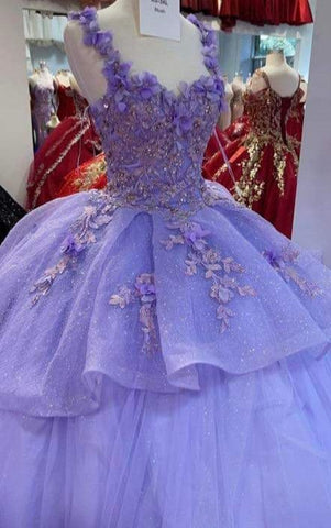 Robe de bal lavande scintillante avec fleurs 3D, robe de 16 ans, robe de princesse Y810