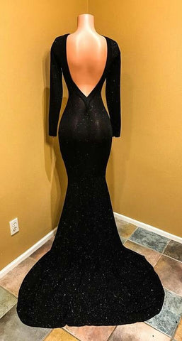 Robe de bal longue noire à paillettes, robe de soirée sirène longue et scintillante dos nu avec traîne Y841