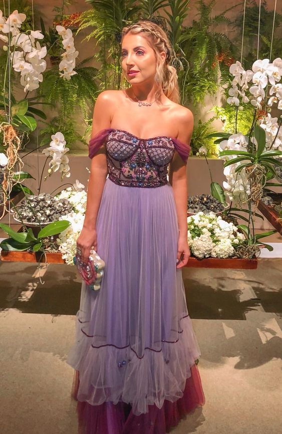 Vestidos de fiesta de tul corte A con cuentas, vestidos de noche con hombros descubiertos Y1102