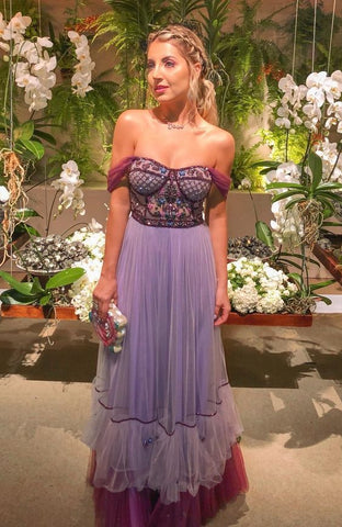 A Line Tulle Prom Dresses With Beading Off the Shoulder Evening Dresses Y1102