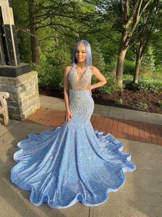Vestido de noche de sirena azul para fiesta de graduación, confeccionado a medida para niña negra, ideal para su 18 cumpleaños (Y887)