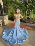 Vestido de noche de sirena azul para fiesta de graduación, confeccionado a medida para niña negra, ideal para su 18 cumpleaños (Y887)